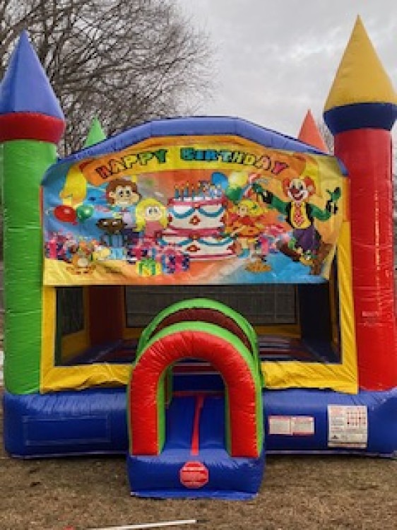 Happy B-day Clown Theme Banner Crayon Castle Bounce House