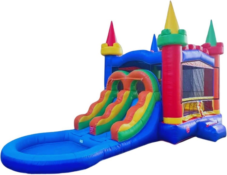 Rainbow Dual Lane Dry/Wet bounce house with slide