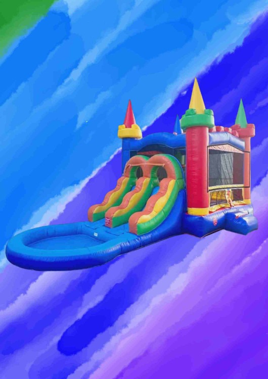 Rainbow Dual Lane Dry/Wet bounce house with slide